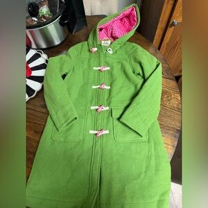 Mini Boden girls Green Wool Hooded Toggle Coat with Pink Accents size 13-14Y